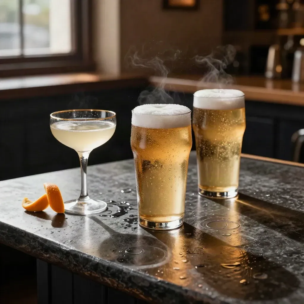 Two frosted pints, a coupe, citrus peel, and water rings on a wet stone bar in warm window light.