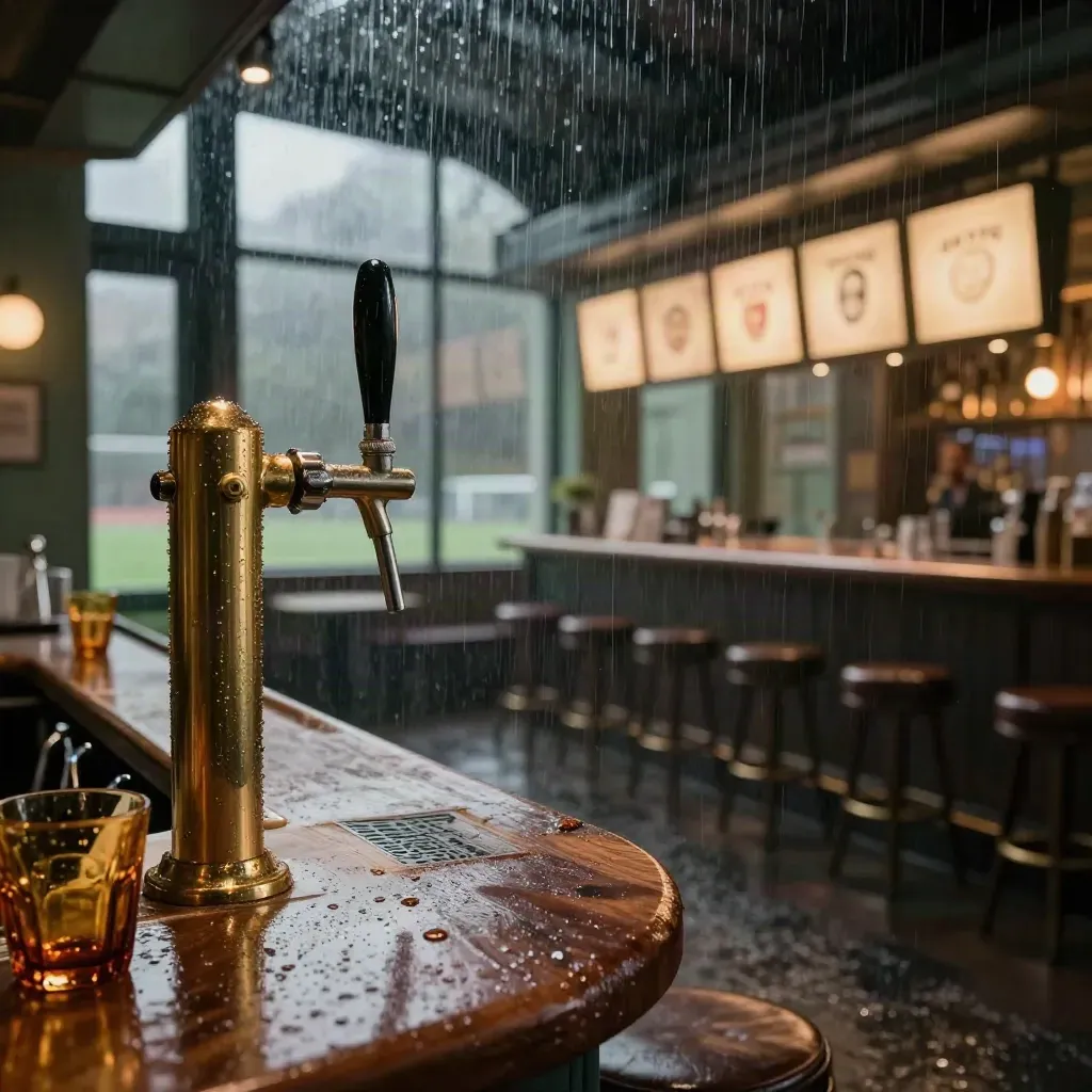 Brass taps, wet glass reflections and glowing match screens in a moody soccer bar interior.