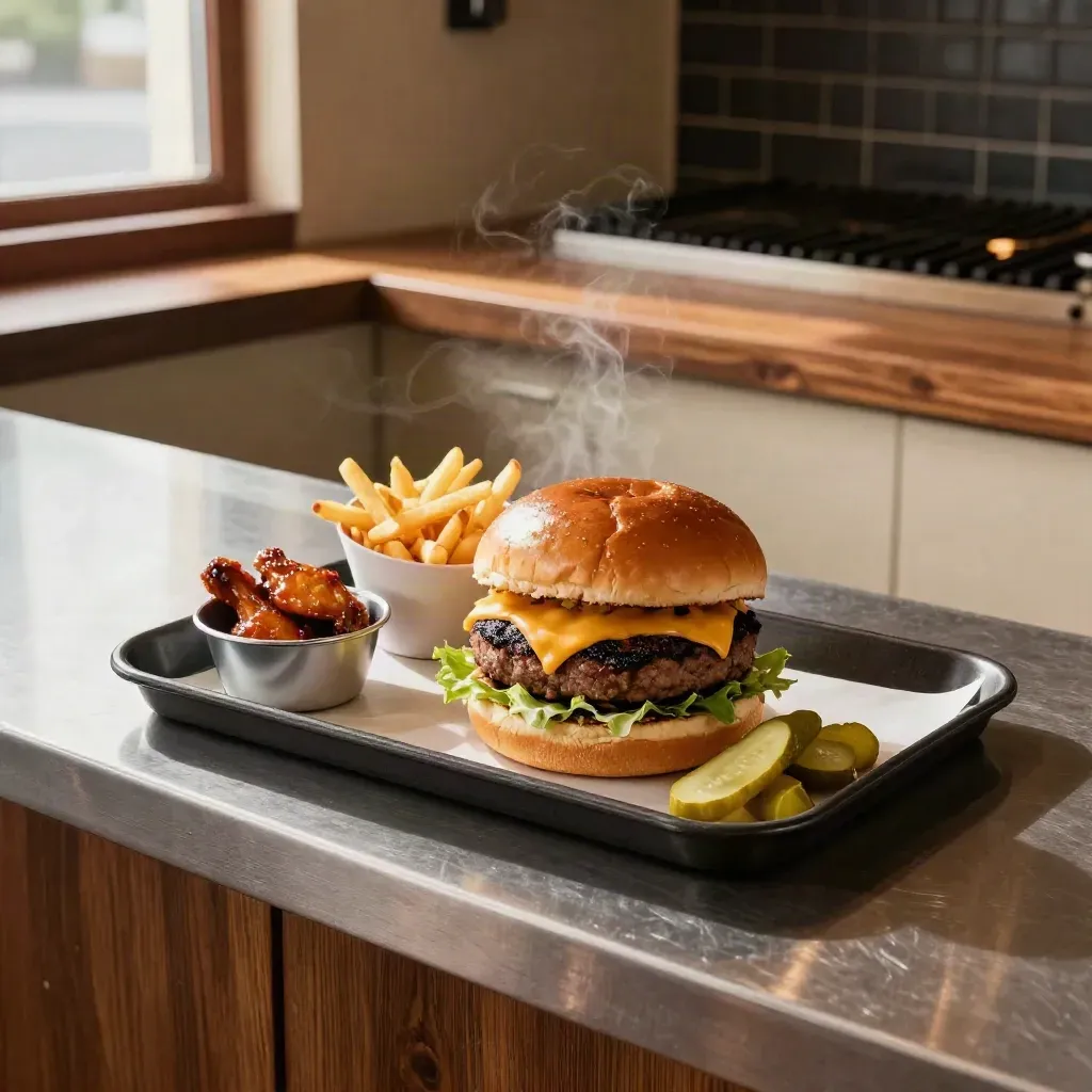 Steaming burger, fries and wings on a tray at the hot pass