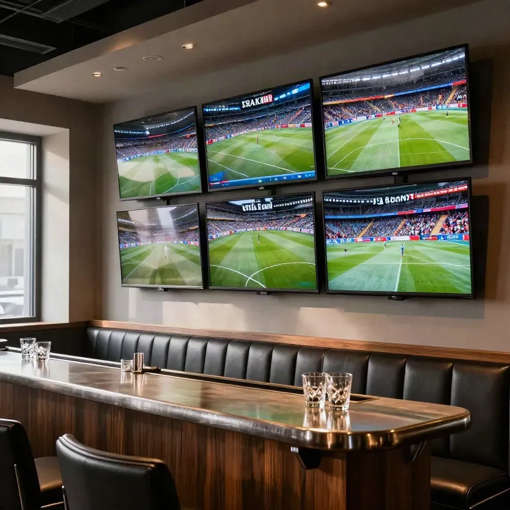 Seven-screen sports bar viewing wall above a long bar and booth seating, ready for kickoff.