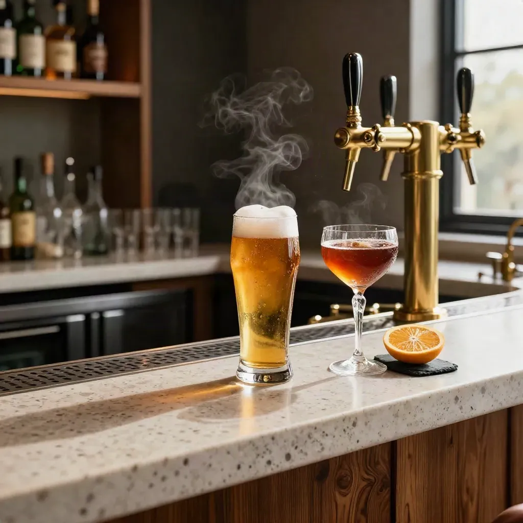 Polished draft tower with an amber pint, dark cocktail and citrus on slate at a gleaming bar.