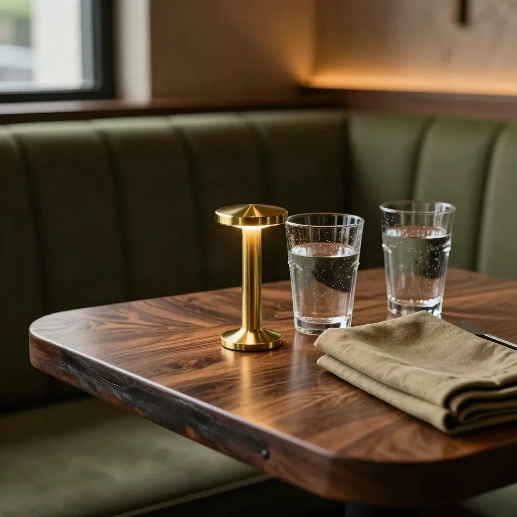 Reserved booth details with brass markers, water glasses and a glow toward the viewing wall.