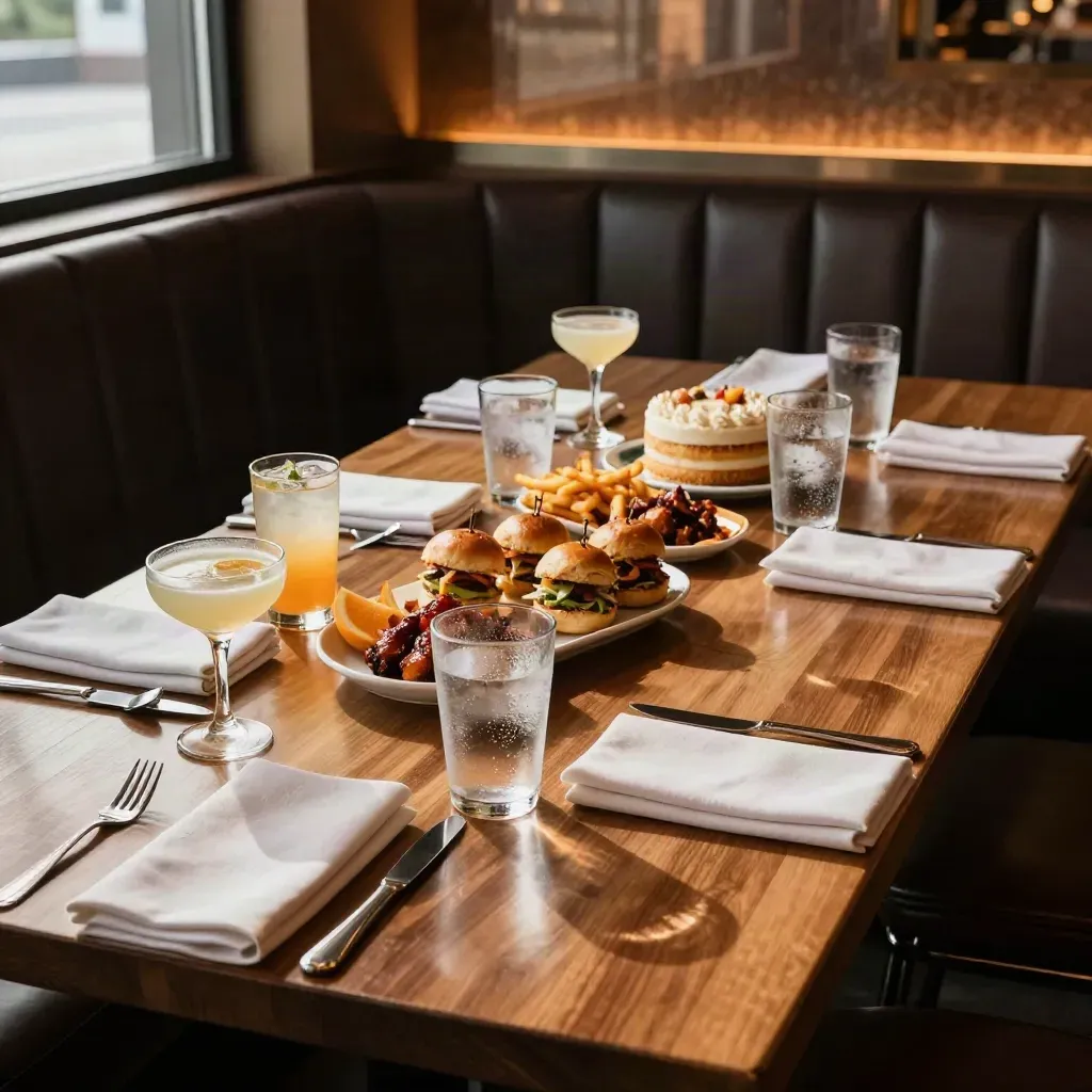 Birthday table set with drinks, share plates, and cake ready for kickoff in a sports bar.