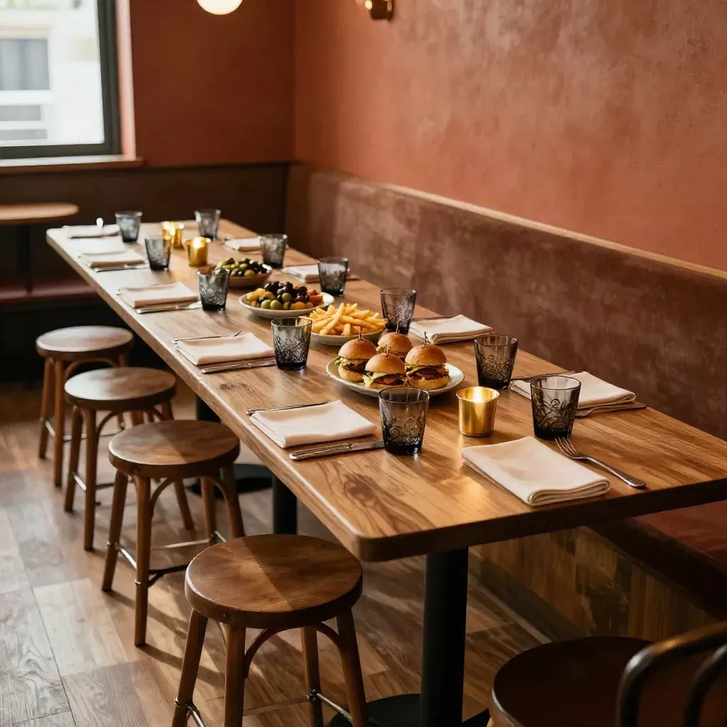 Communal table set for a group booking with shared plates, glasses, stools and candlelight.