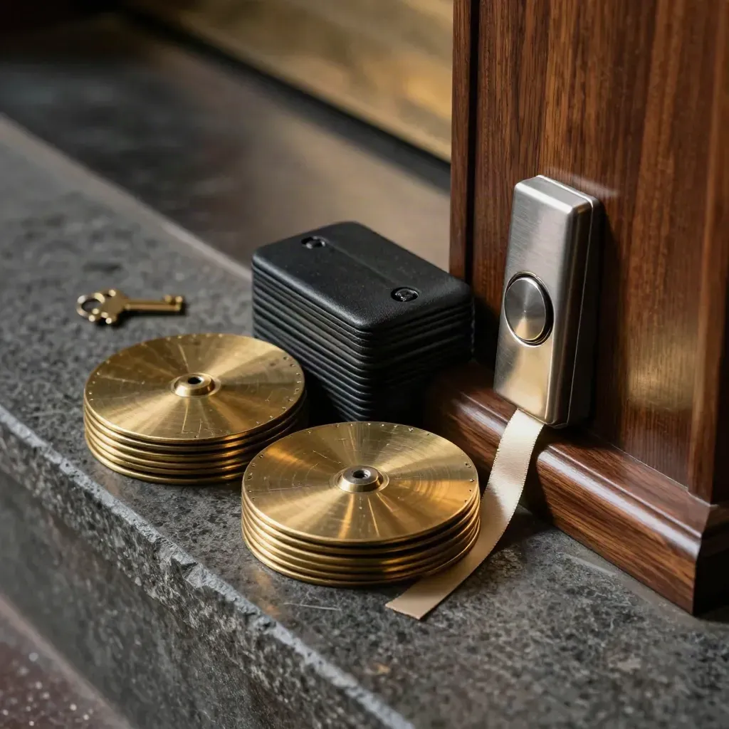 Brass host tools, pagers, and a walnut stand edge in dramatic close-up