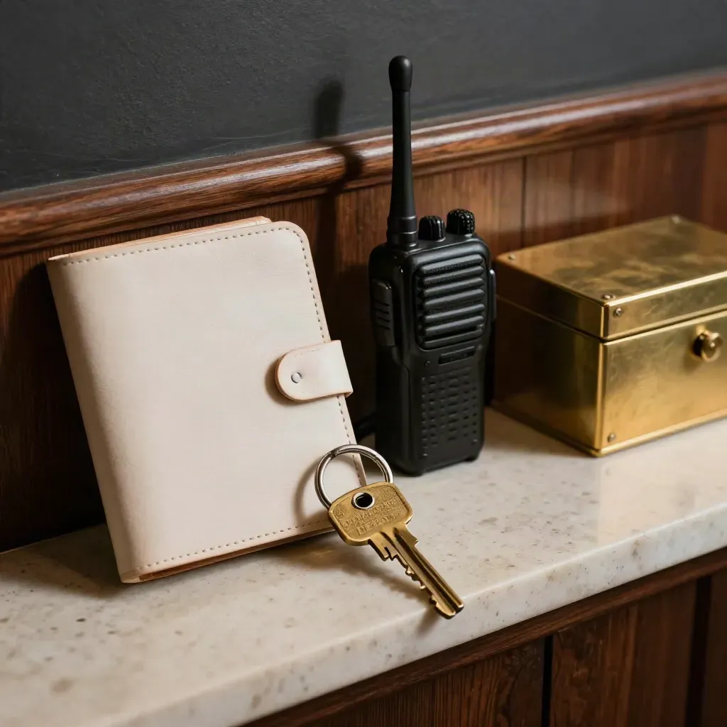 Manager kit still life with keys, binder, radio and brass box on travertine