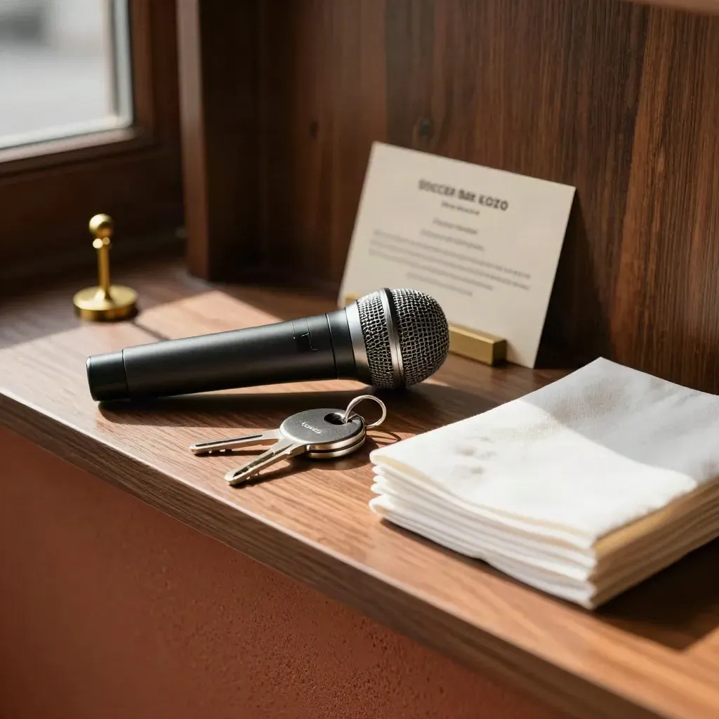 Wireless mic, room key fob, brass tabs and folded napkins on a warm event host shelf.