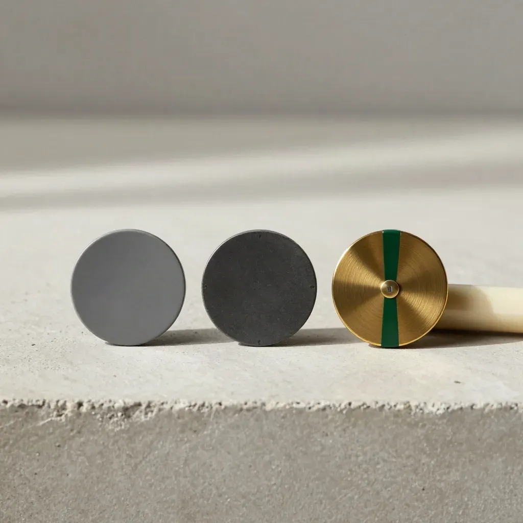 Overhead flatlay of booking tokens, brass timer disk, and group-size marker on pale concrete.