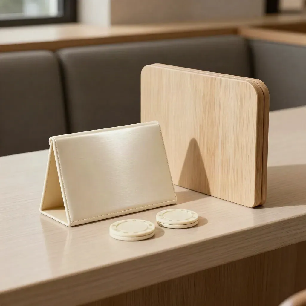 Reserved table marker, two seat tokens, and booth divider on pale wood in soft side light.