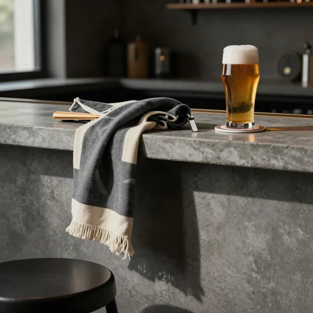 Folded fan scarf, pint, coaster stack, and timer disk on a concrete shelf beside a stool edge.