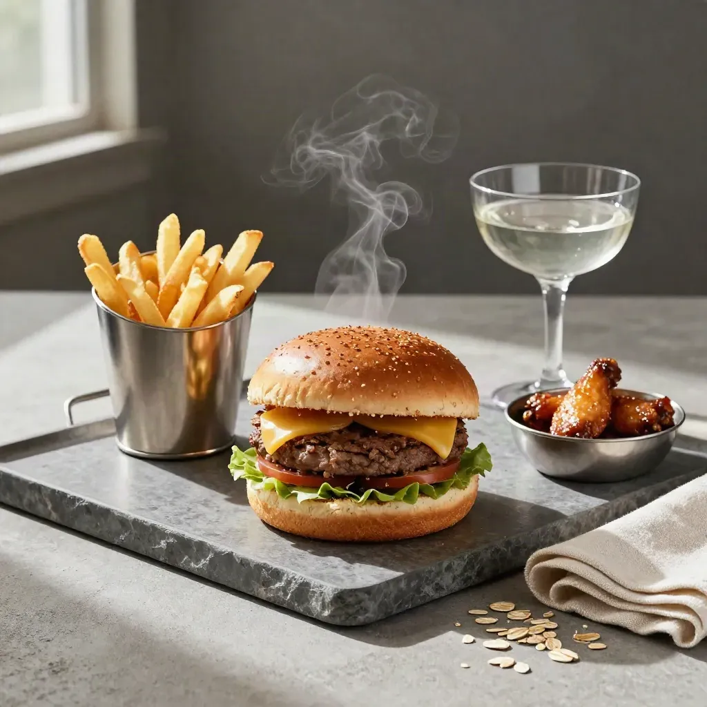 Burger cloche, fries, wings, and coupe glass on a stone tray in soft side light.