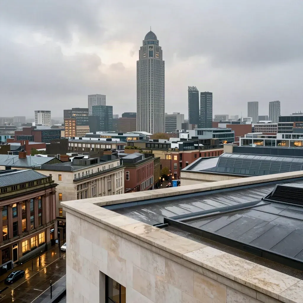 Manchester skyline from a rain-damp rooftop with Beetham Tower in evening haze
