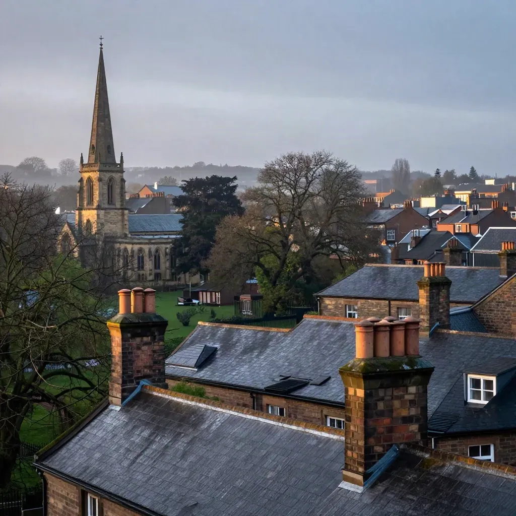 Drizzly South Manchester rooftops, church spire, and misty tree canopies at blue hour