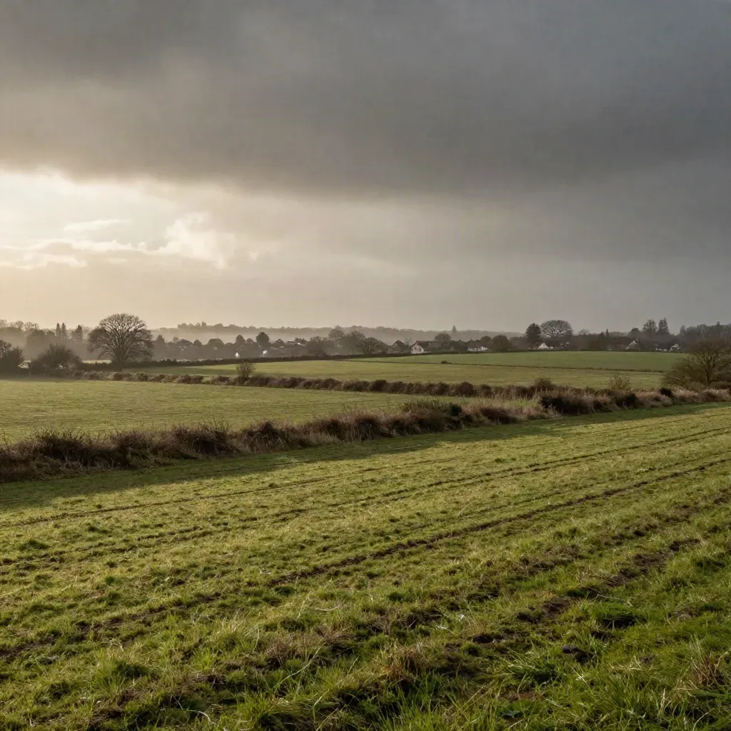 Rain-cleared Cheshire fields with hedgerows and a distant skyline under dramatic cloud